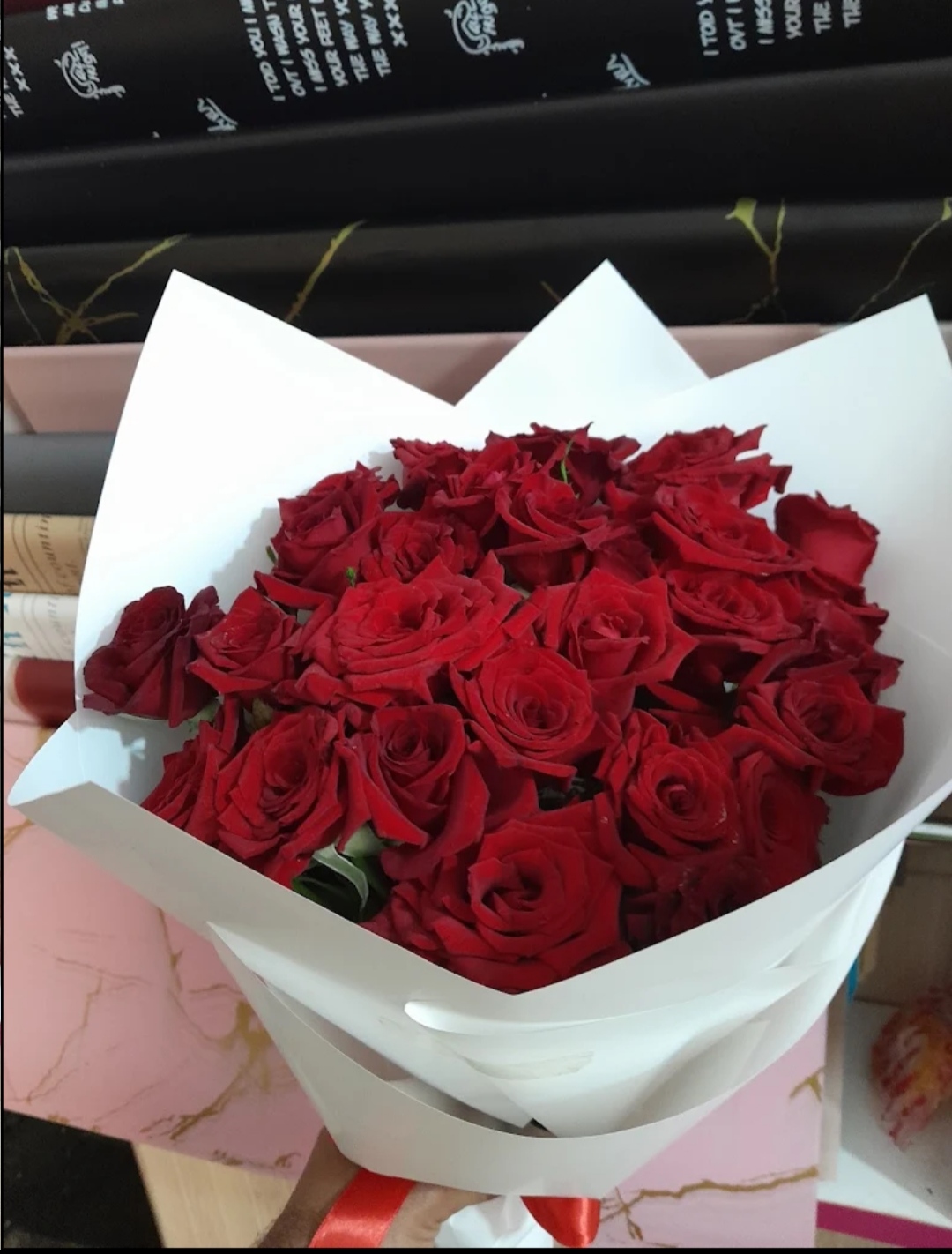 a bouquet of red roses